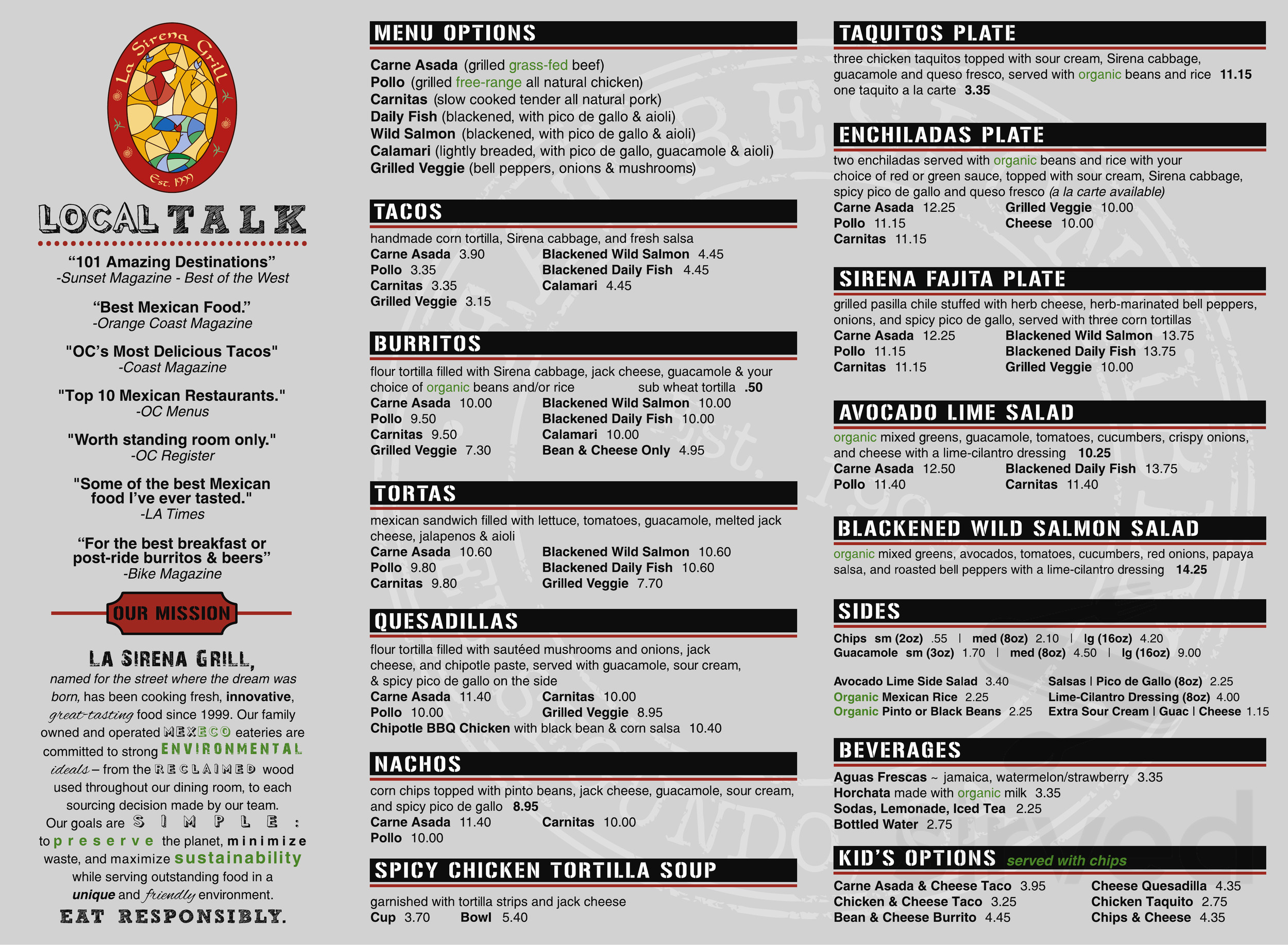 La Sirena Grill menu in Laguna Beach, California