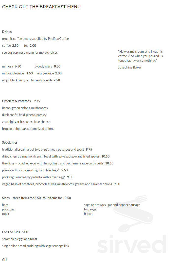 The Dizzy Hen breakfast menu in Philomath, Oregon