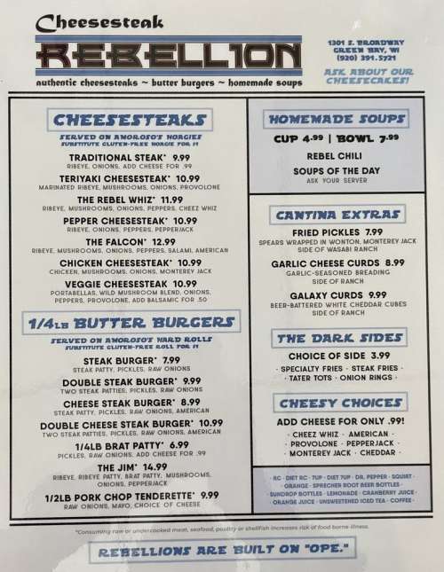 Cheesesteak Rebellion menu in Green Bay, Wisconsin, USA