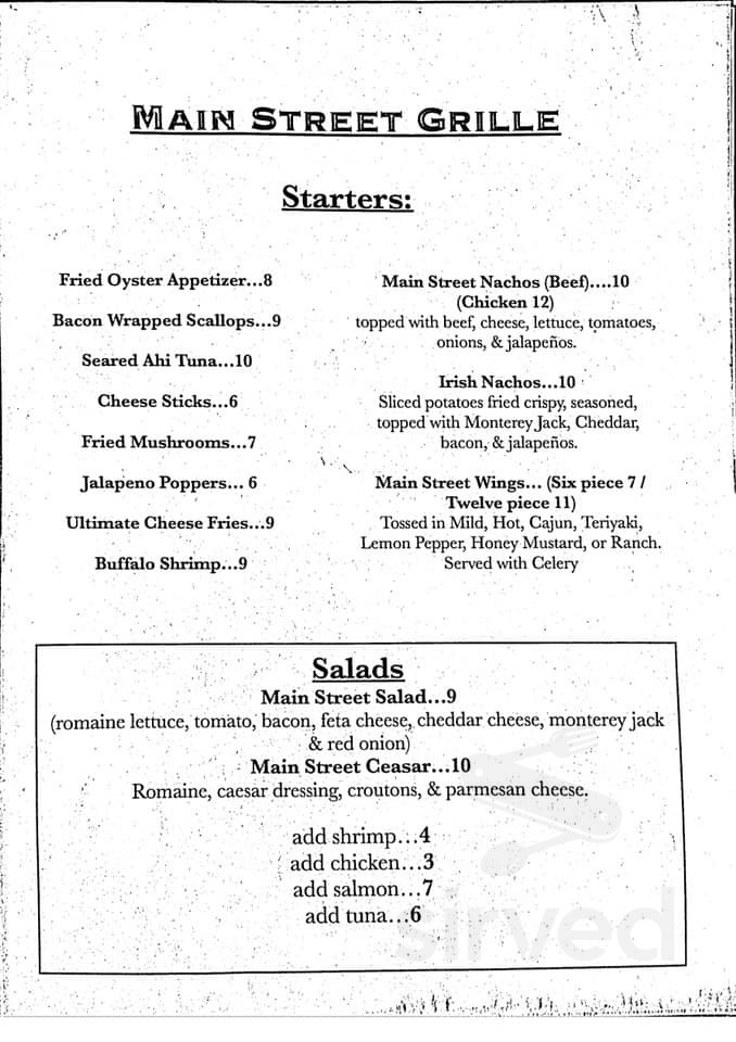 Main Street Grille menu in Walterboro, South Carolina, USA