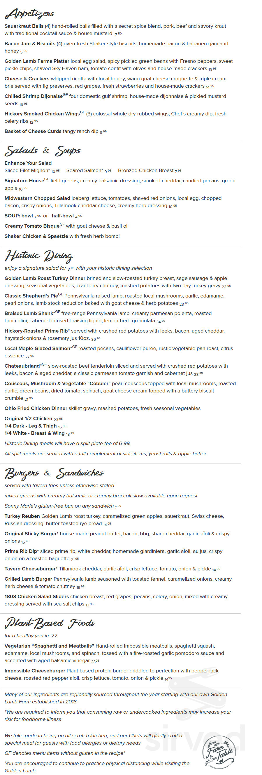 Menu - Lebanon OH's The Golden Lamb Restaurant & Hotel | Sirved