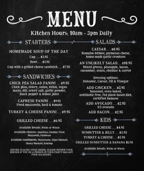 An Unlikely Story menu in Plainville, Massachusetts, USA