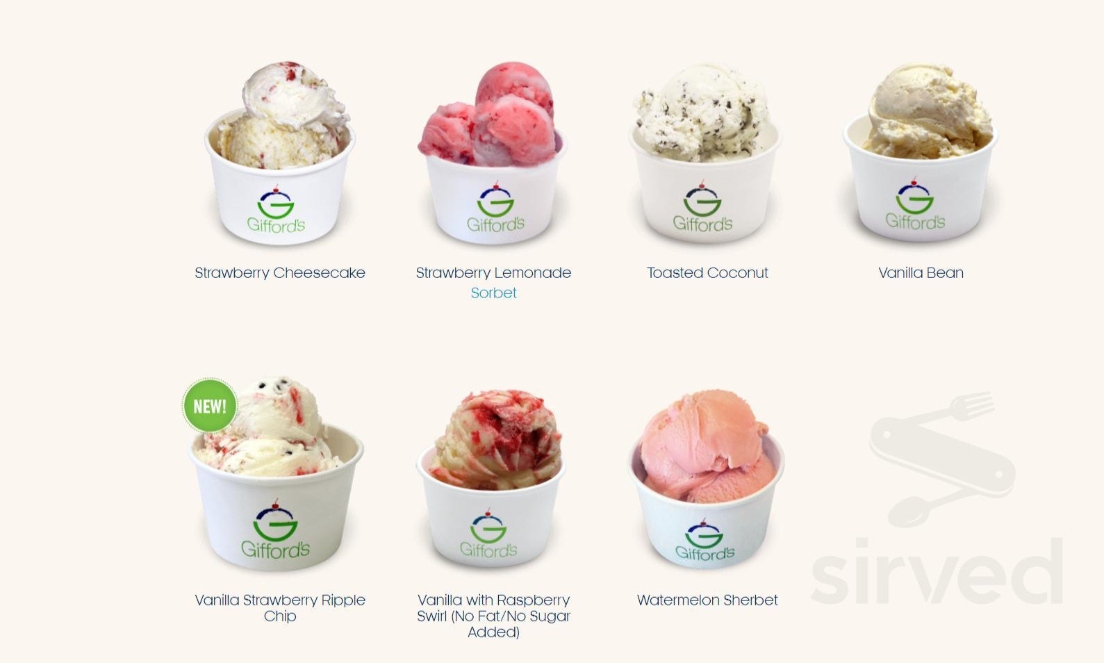 Gifford's Famous Ice Cream And Mini Golf menu in Skowhegan, Maine, USA