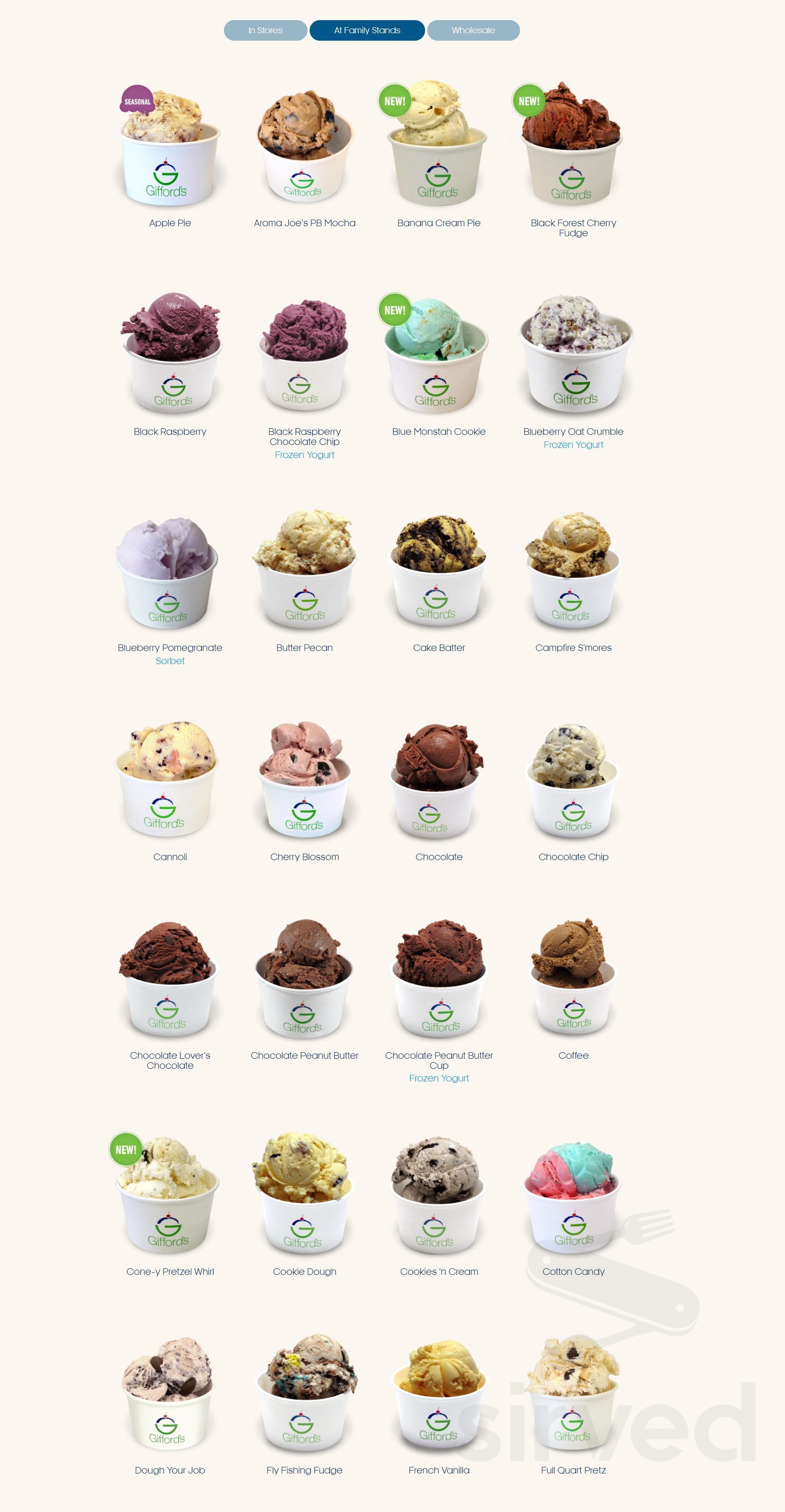 Gifford's Famous Ice Cream And Mini Golf menu in Skowhegan, Maine, USA