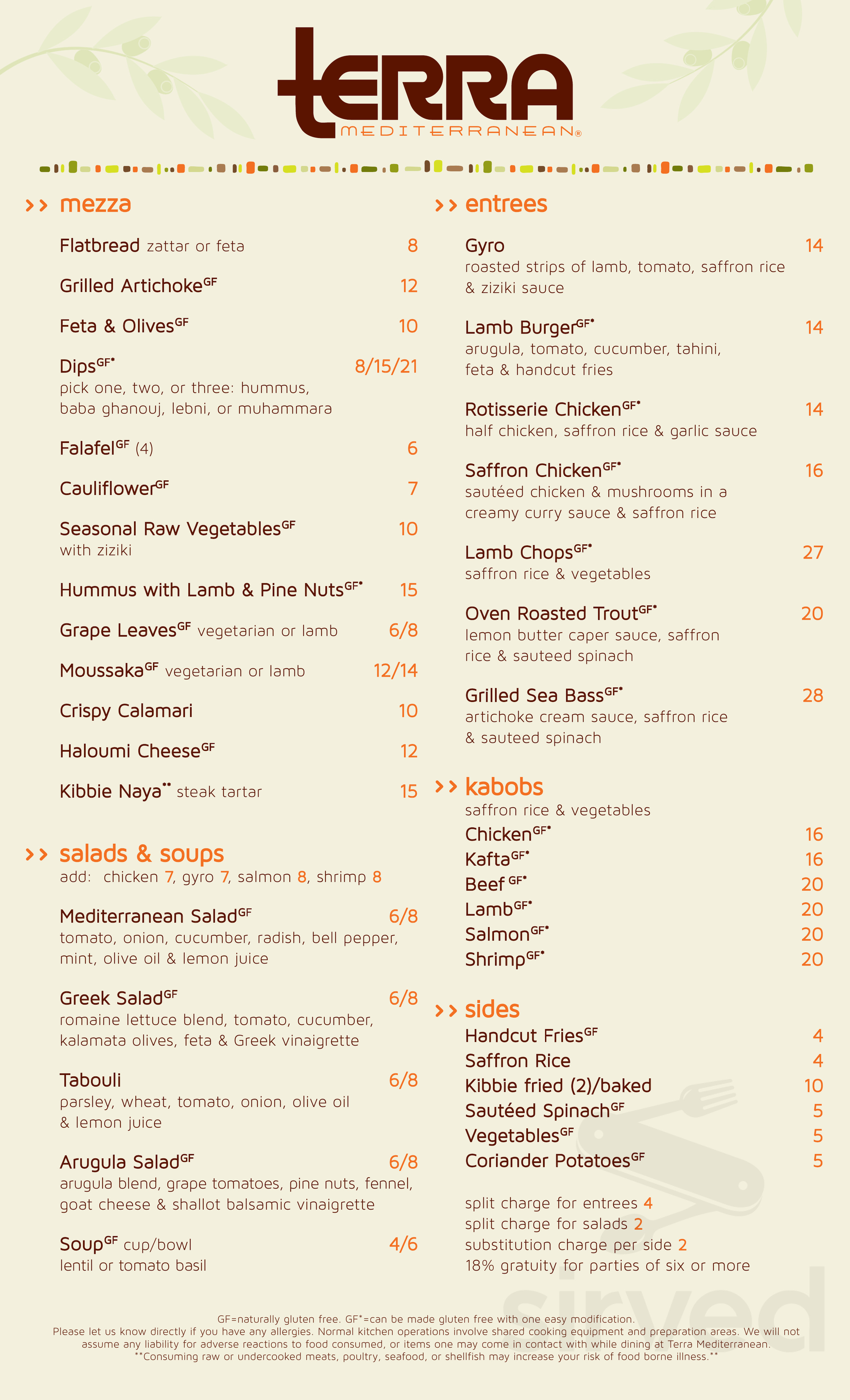 Terra Mediterranean Menu In Plano Texas USA
