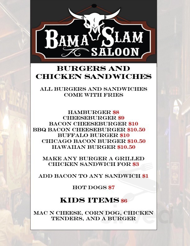 Bama Slam Saloon menu in New Brockton, Alabama, USA