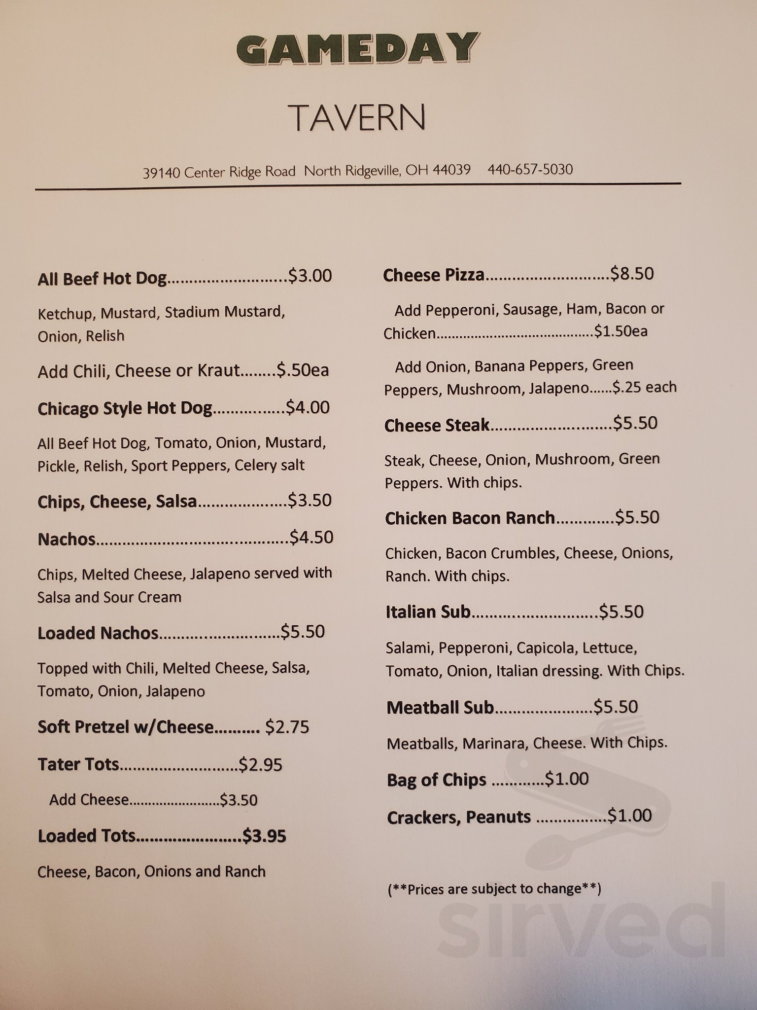 Game Day Tavern menu in North Ridgeville, Ohio, USA