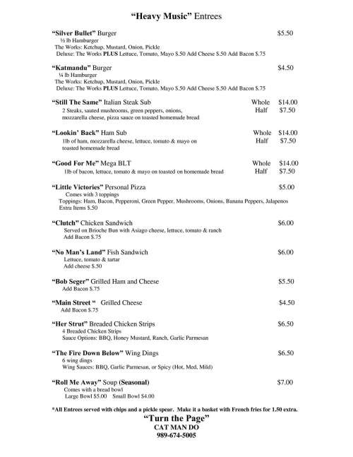 Cat Man Do menu in Unionville, Michigan, USA