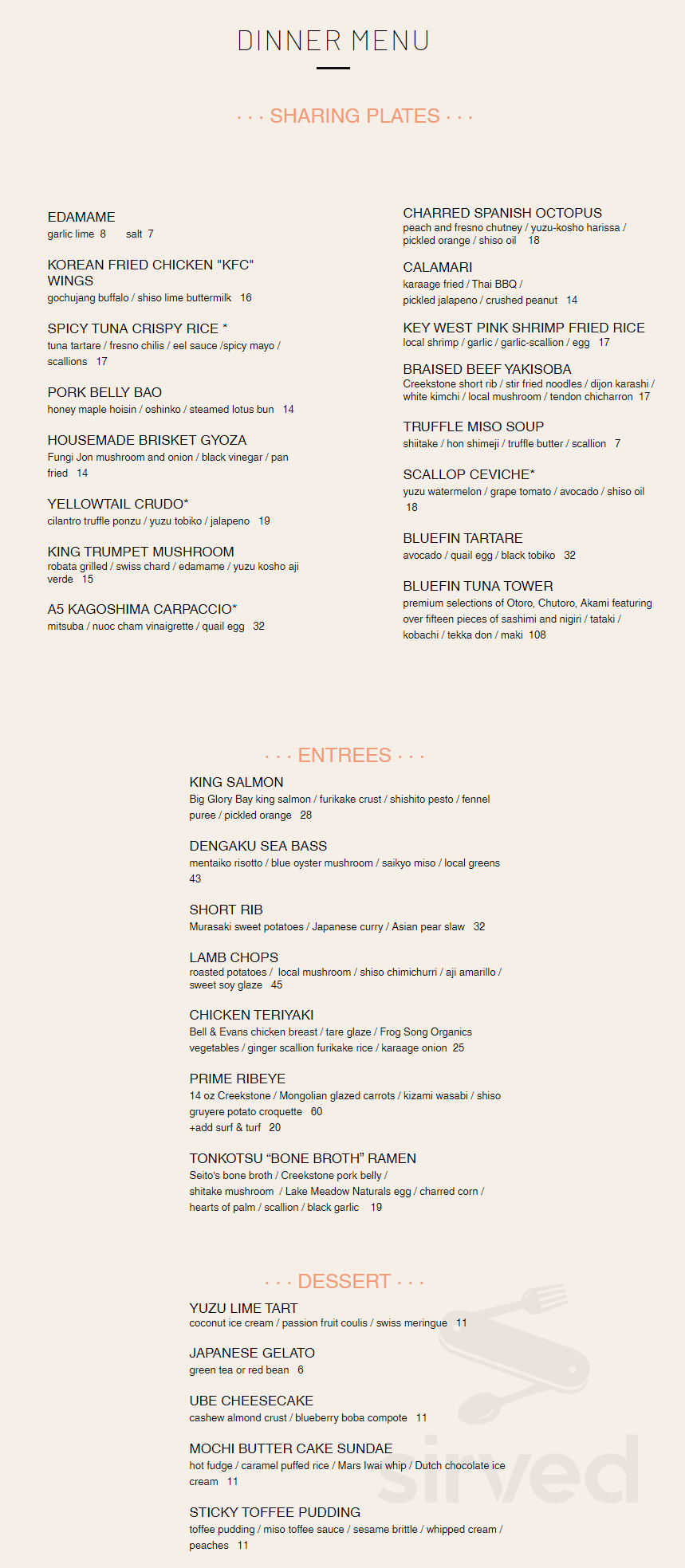 Seito Sushi Sand Lake menu in Orlando, Florida, USA