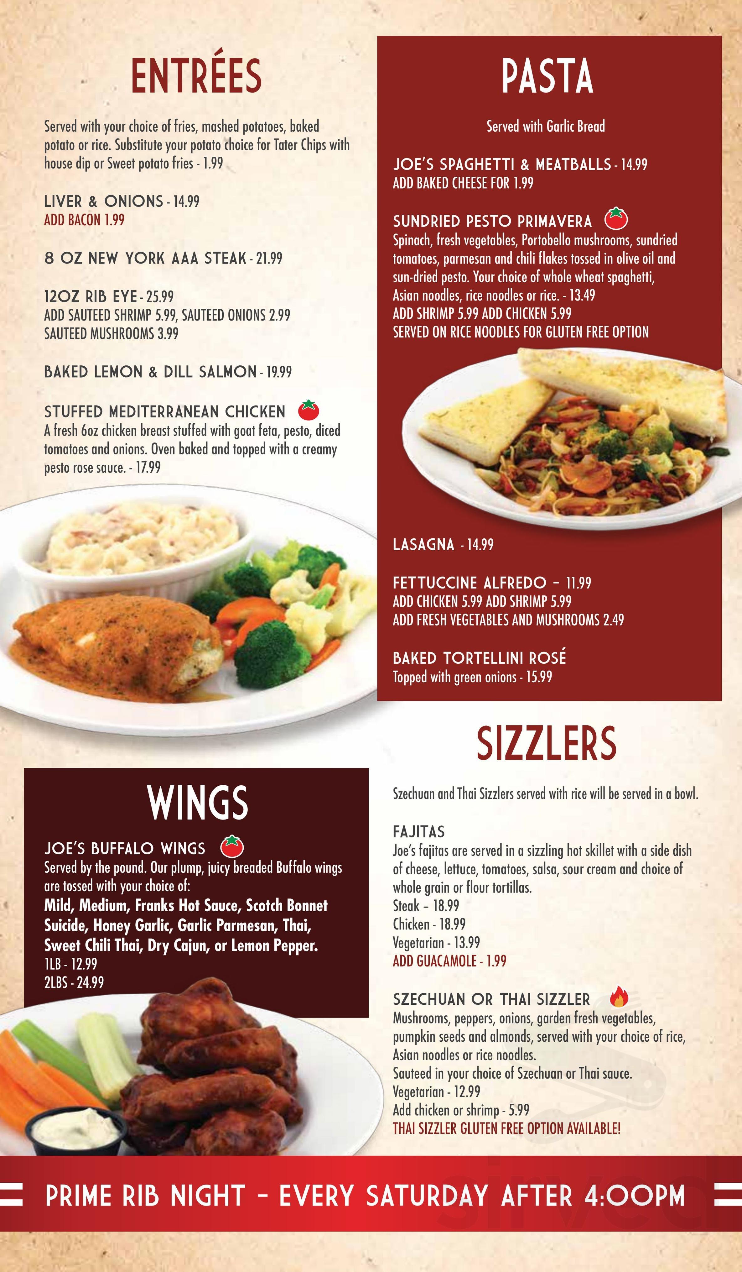 Joe Tomato's Restaurant menu in Owen Sound, Ontario, Canada