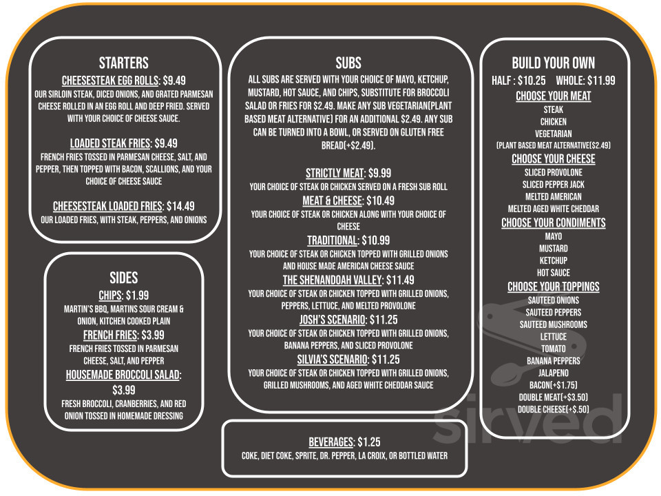 Menu Staunton VA's CheeseSteak Scenarios Sirved