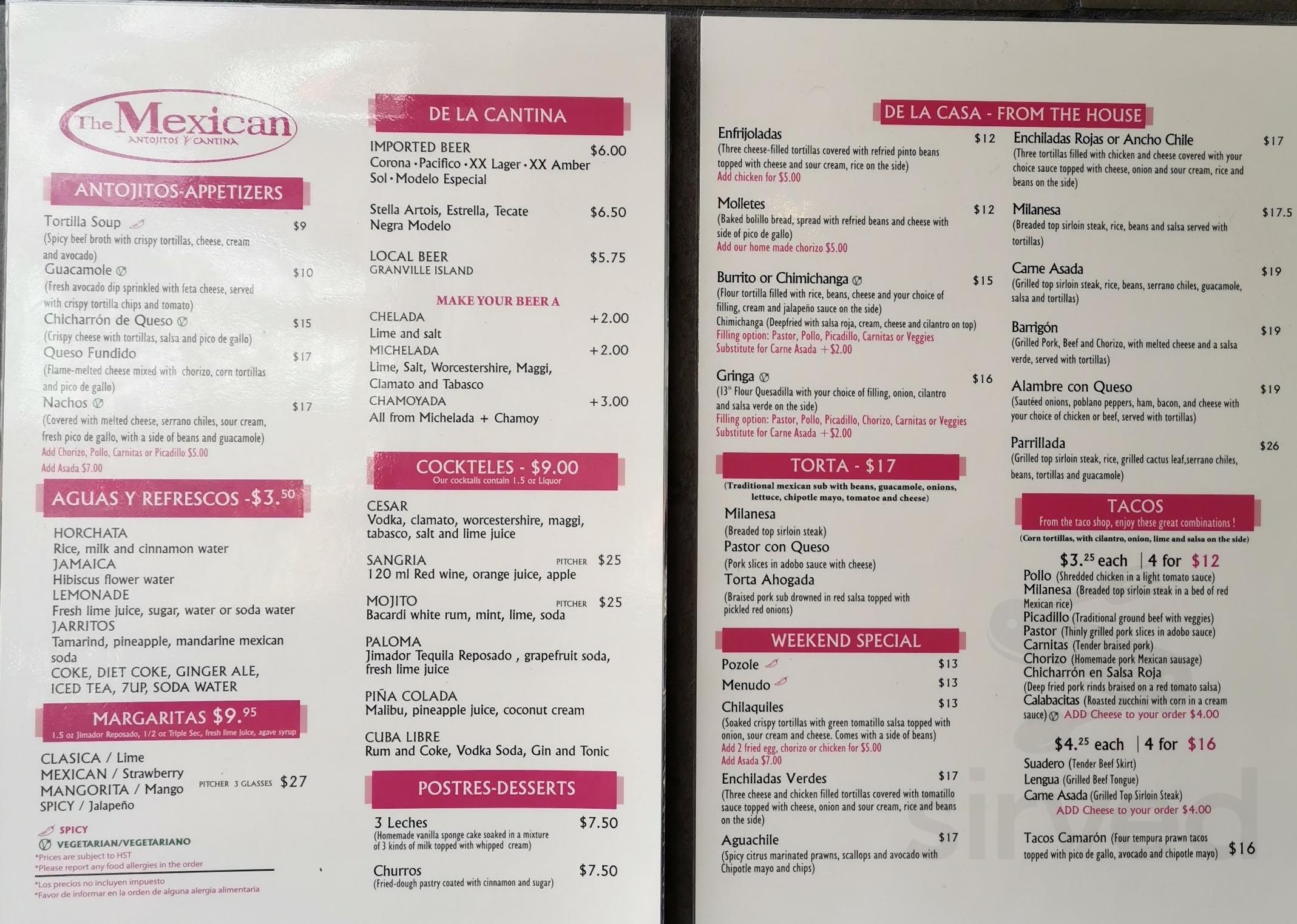 La Loteria, Mexican Street Food menu in Vancouver, British Columbia, Canada