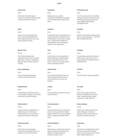 Lugo's Burrito Mexican Food menu in Tallahassee, Florida, USA