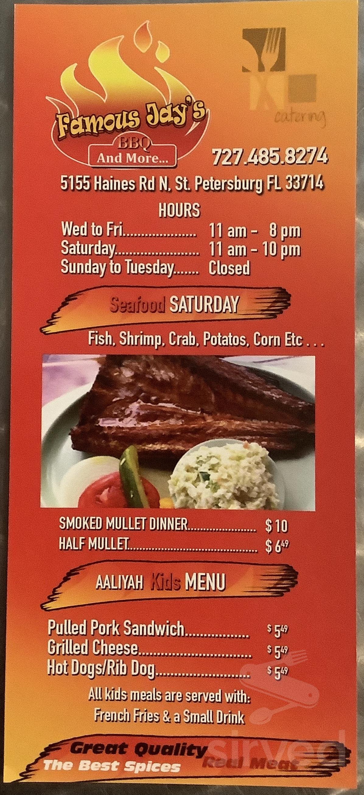 Famous Jay's BBQ menu in St. Petersburg, Florida, USA