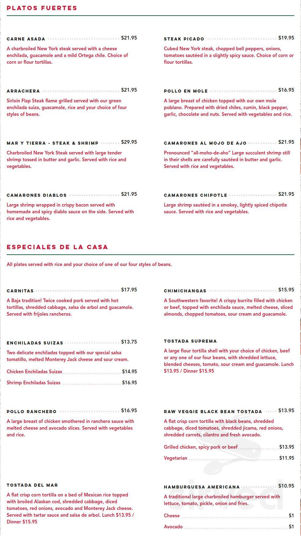 Menu - Palm Springs CA's Las Casuelas Terraza | Sirved