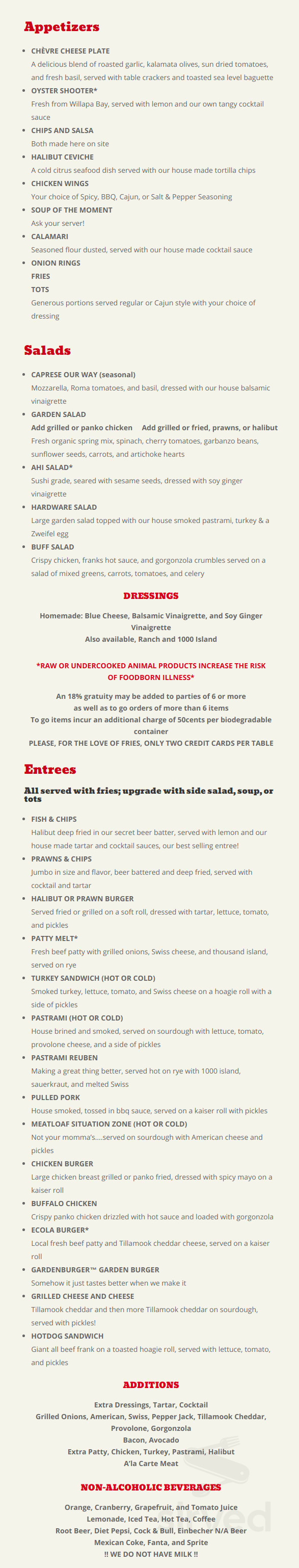 Cannon Beach Hardware and Public House menu in Cannon Beach, Oregon