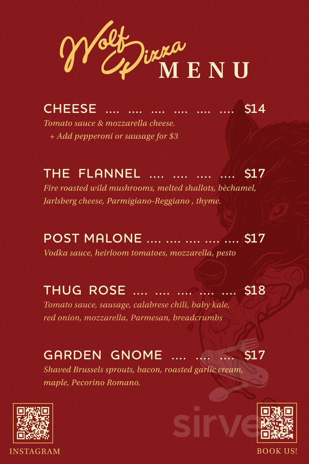 Wolf Pizza menu in East Falmouth, Massachusetts, USA