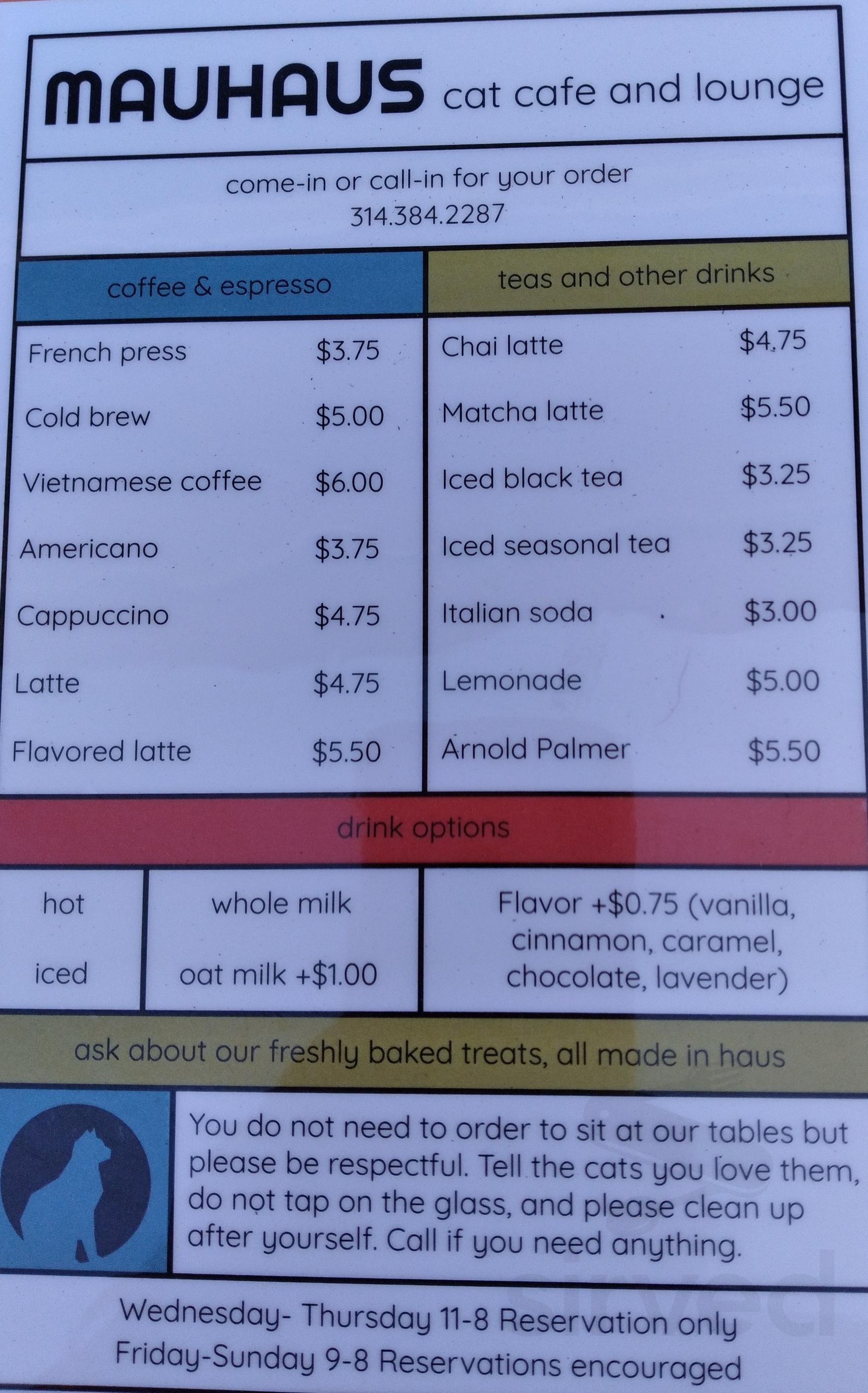 Mauhaus Cat Cafe menus in Maplewood, Missouri, United States