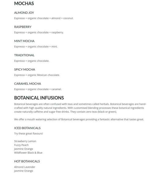 The Kind Bean menu in Chandler, Arizona, USA