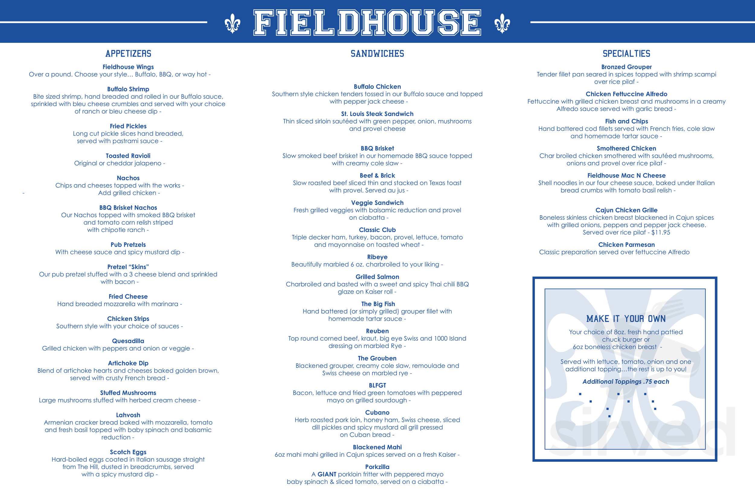Menu - St. Louis MO's FIELDHOUSE Pub and Grill | Sirved