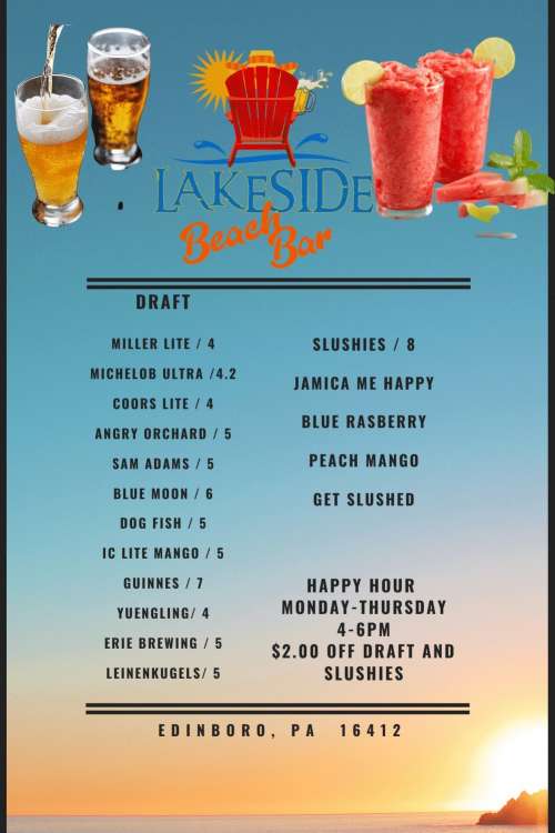 Lakeside Beach Bar menu in Edinboro, Pennsylvania, USA