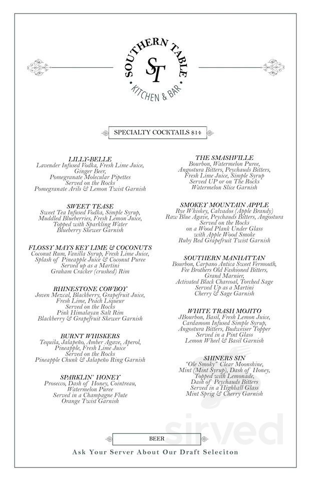 Menu for Southern Table kitchen & Bar in Pleasantville, NY | Sirved