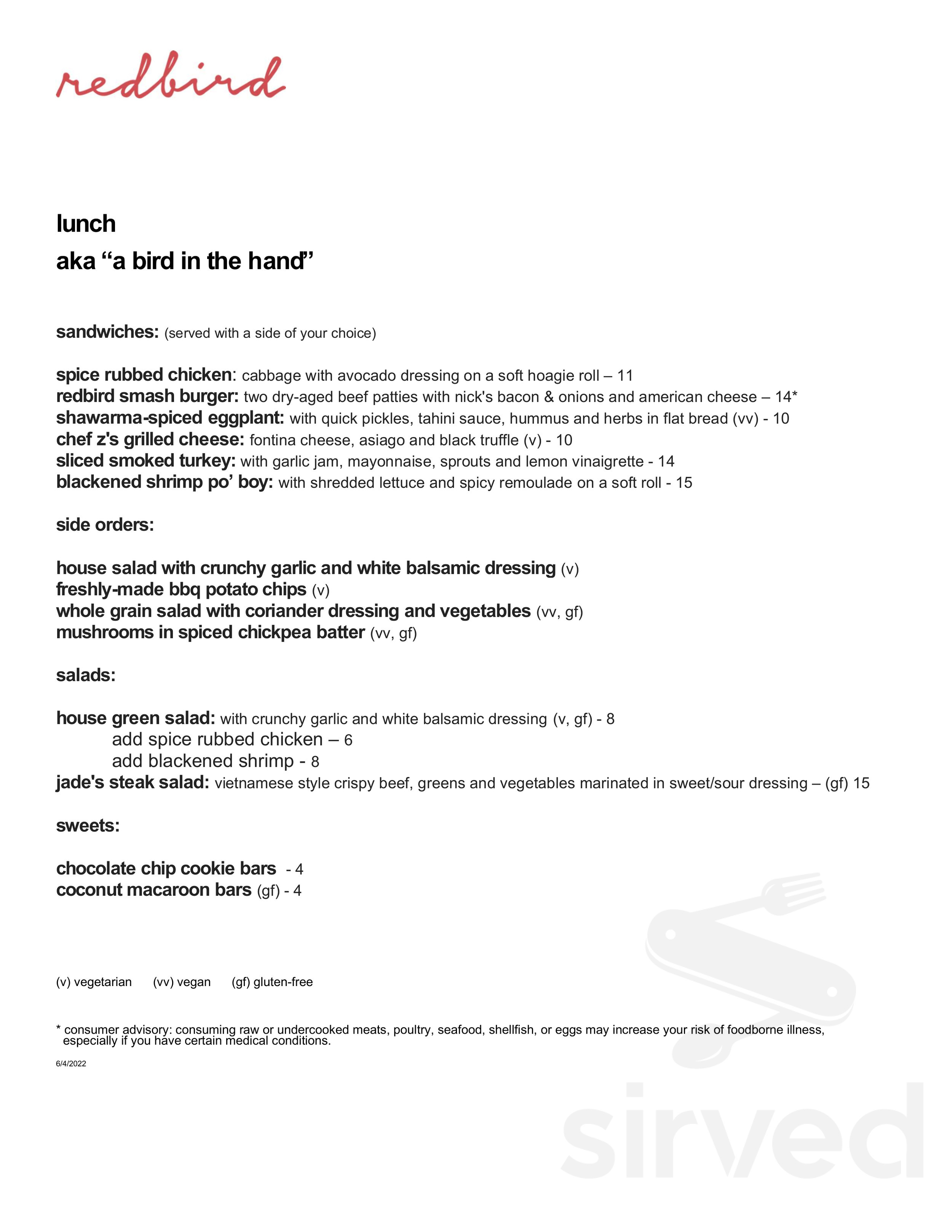 Redbird Menu Redbird menu in Atlanta, Georgia, USA