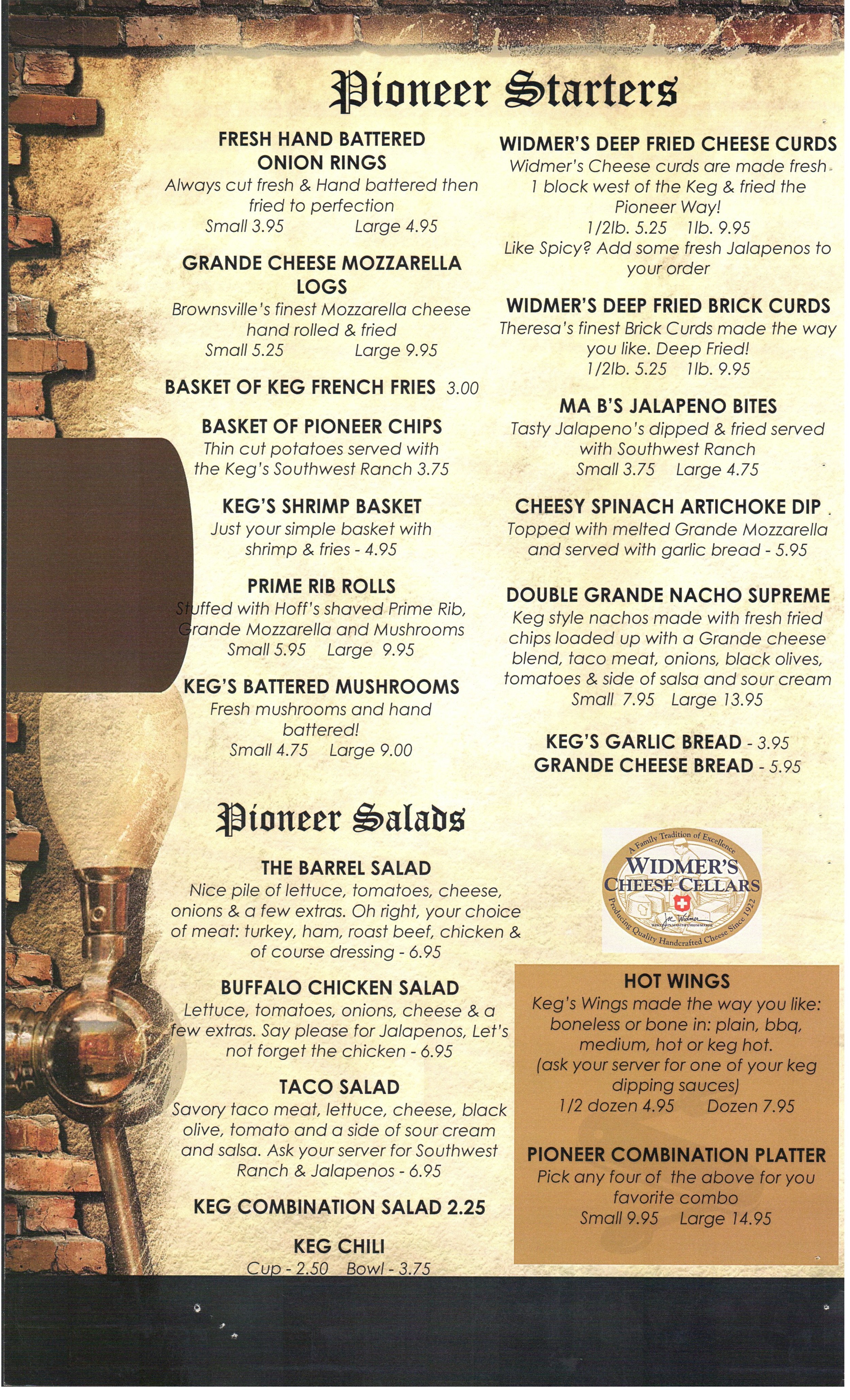 Pioneer Keg menu in Theresa, Wisconsin