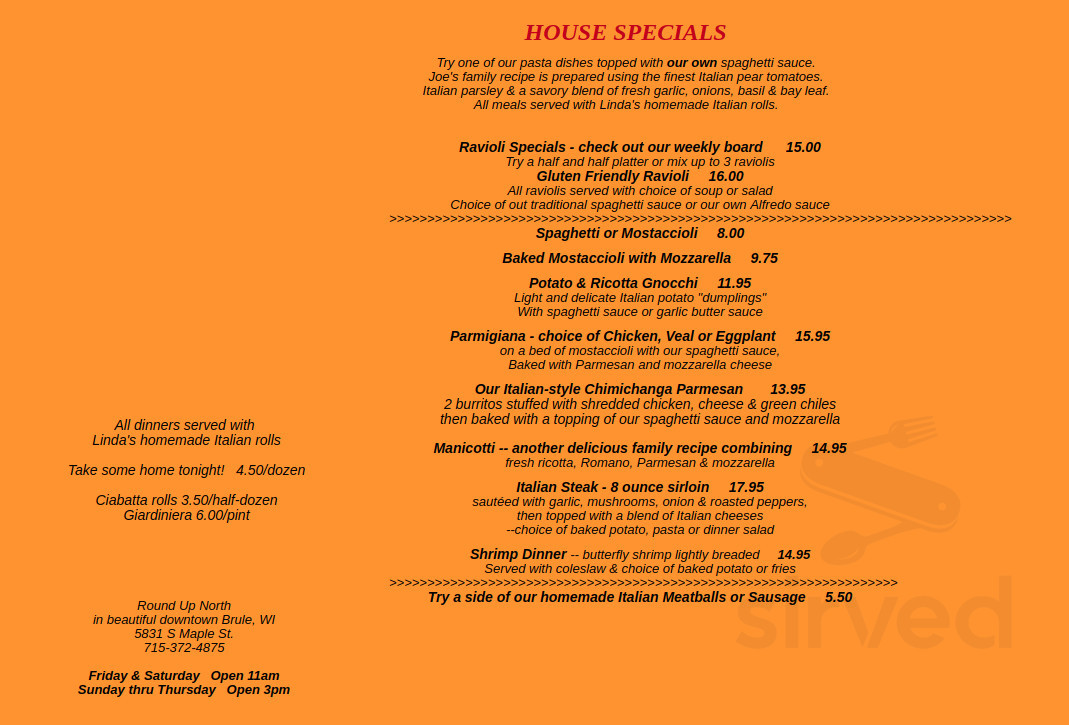 Round Up North specials menu in Brule, Wisconsin