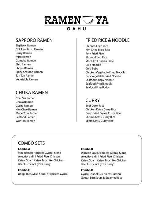 Ramen Ya Pearl City menu in Pearl City, Hawaii, USA