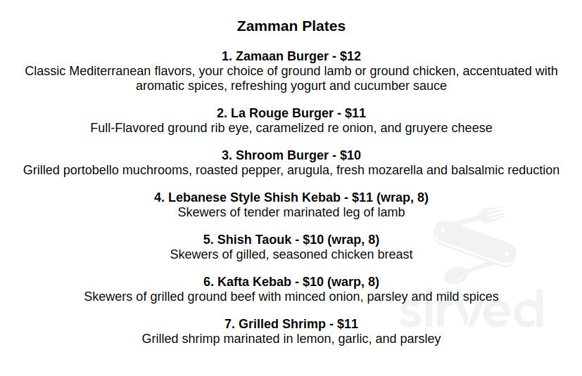 Zamaan Bar menu in Brooklyn, New York, USA