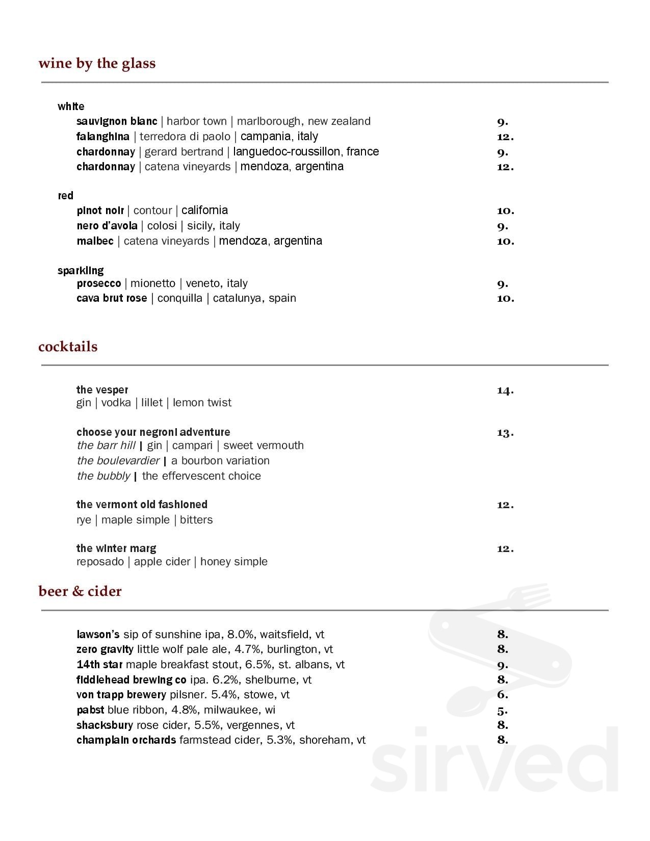 Tucker Hill Inn & Restaurant menu in Waitsfield, Vermont, USA