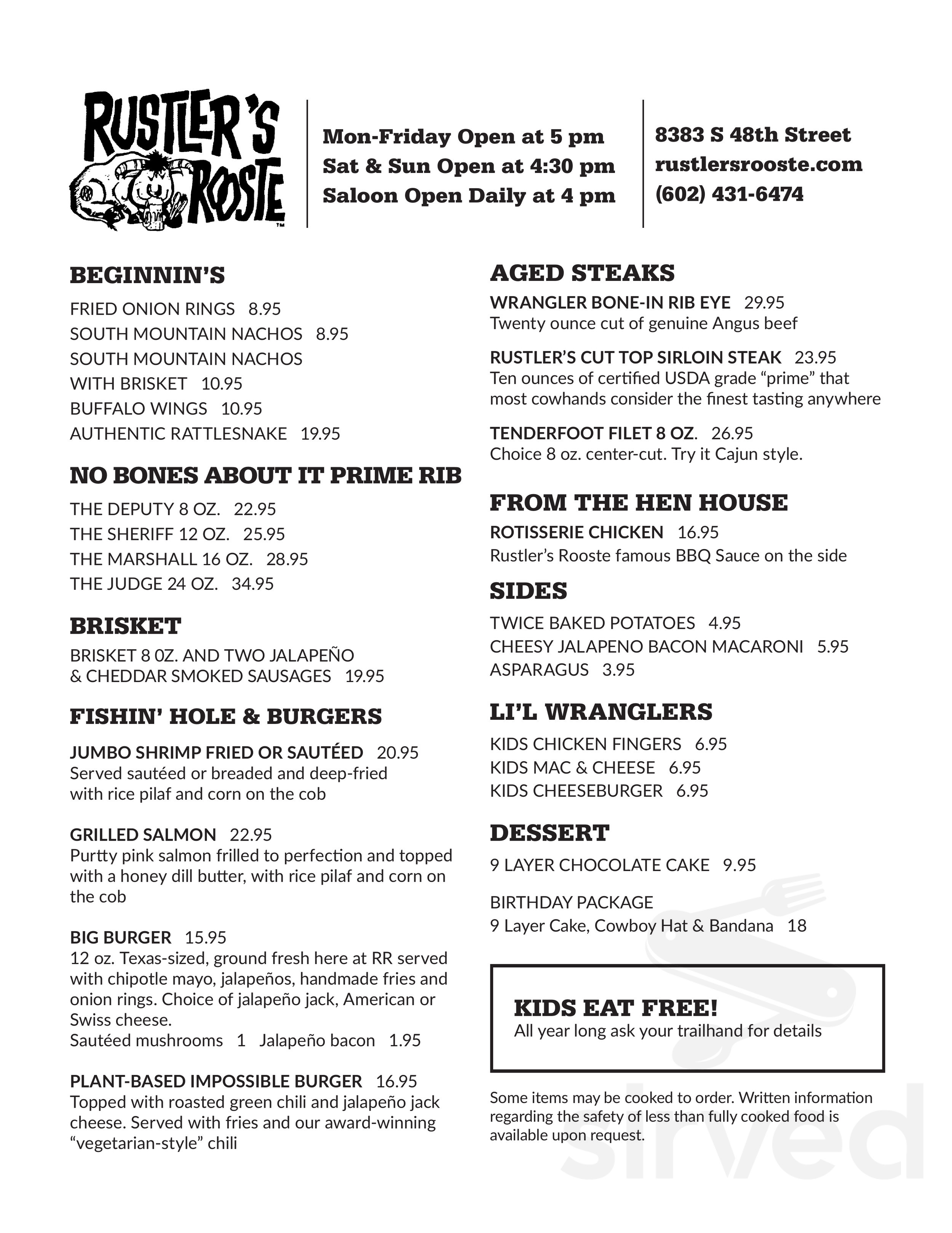Rustarent Menu Menu - Phoenix AZ's Rustler’s Rooste | Sirved