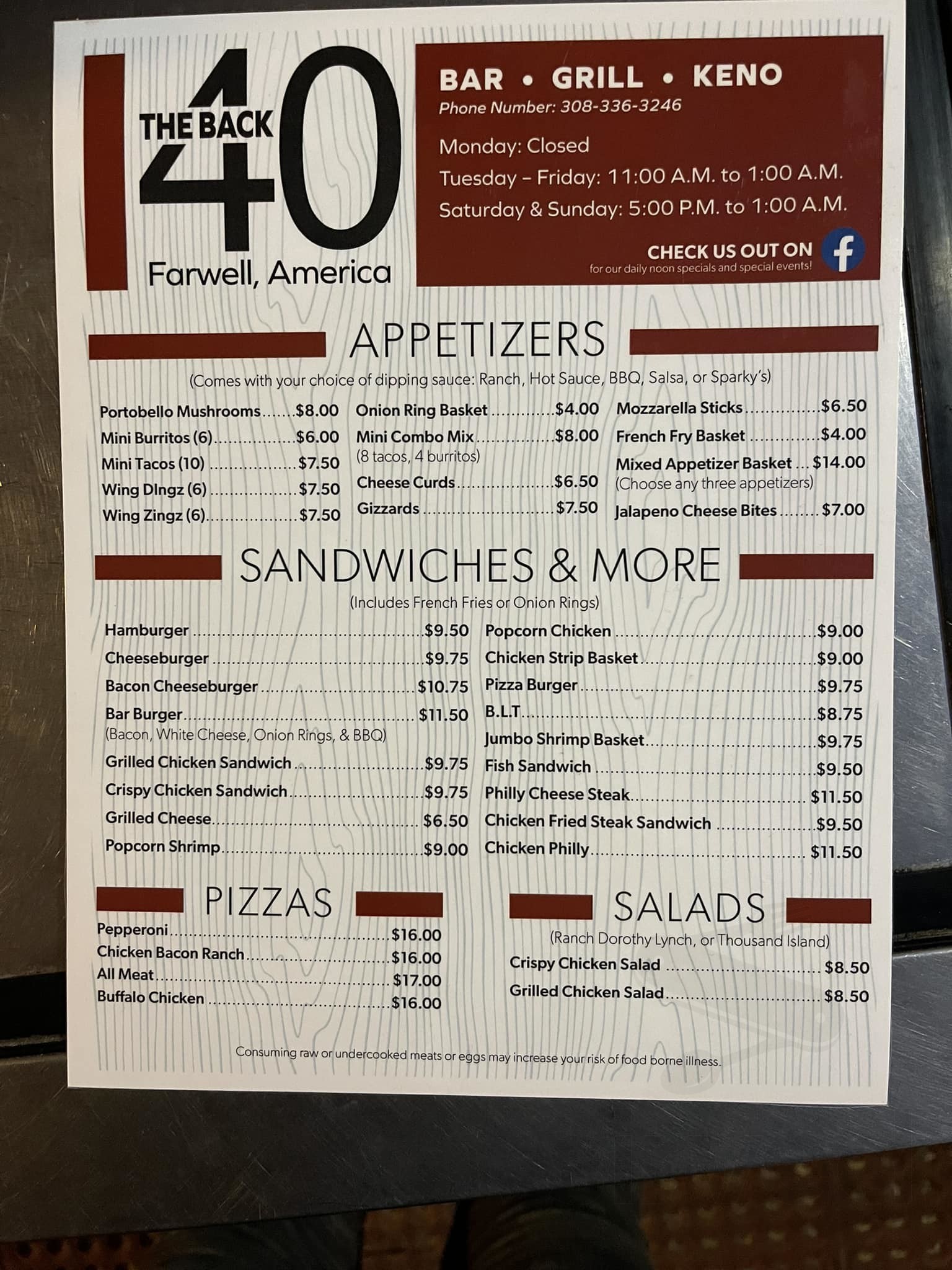 The Back 40 menu in Farwell, Nebraska, USA