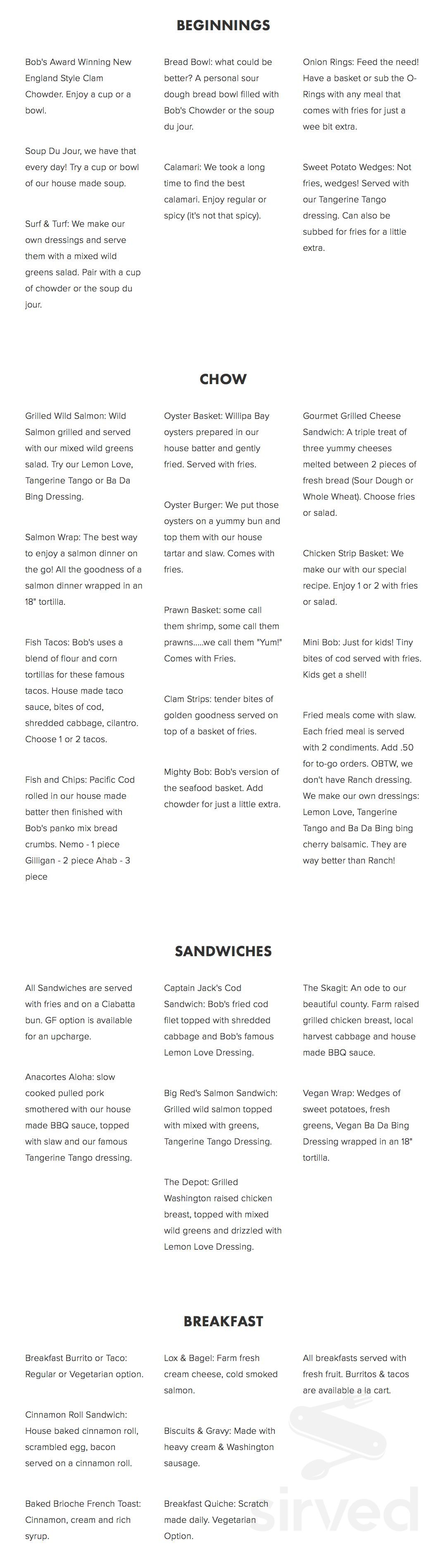 Bob's Chowder Bar & BBQ Salmon menu in Anacortes, Washington