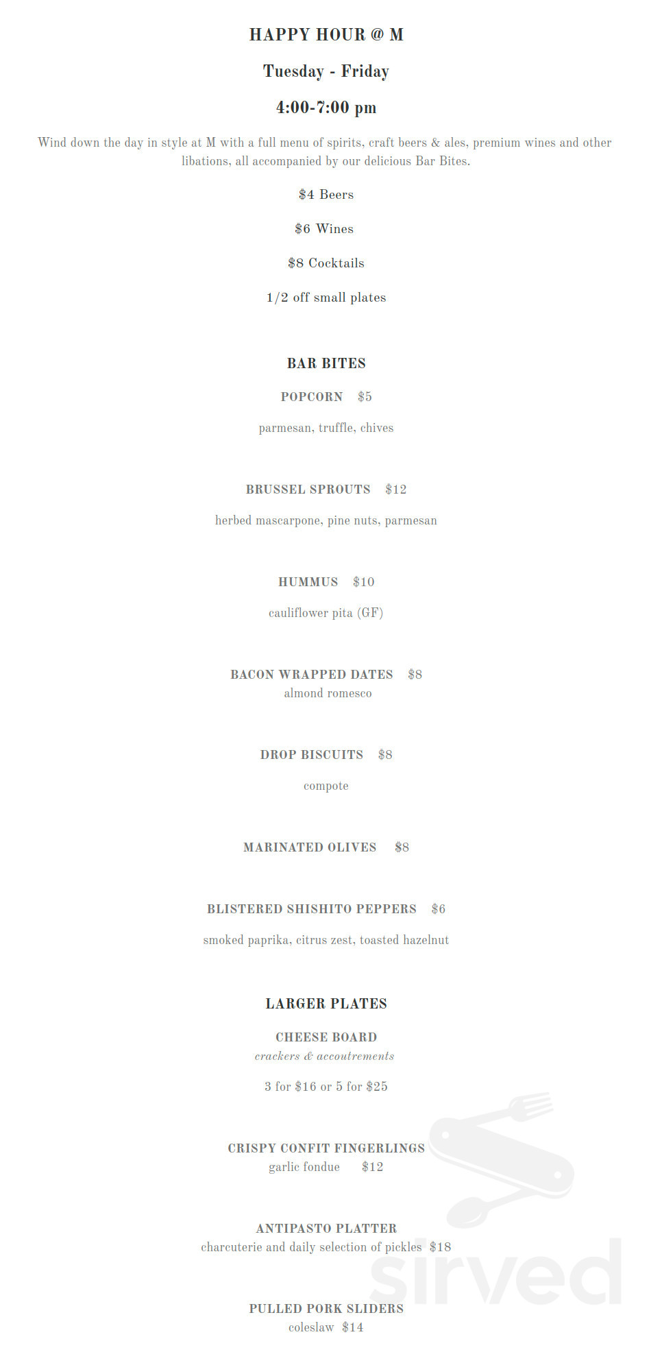 M Restaurant menu in Philadelphia, Pennsylvania, USA