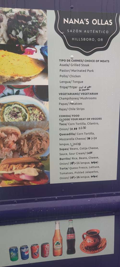 Nana's ollas menu in Hillsboro, Oregon, USA
