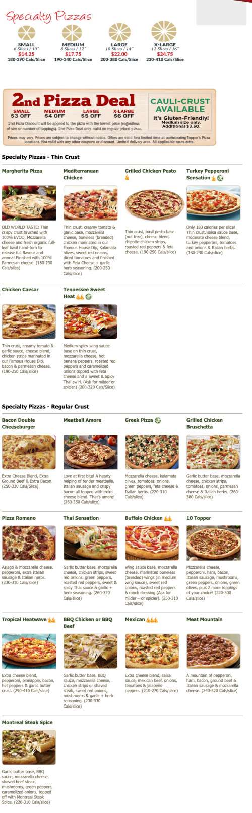 Topper's Pizza Val Caron menu in Val Caron, Ontario, Canada