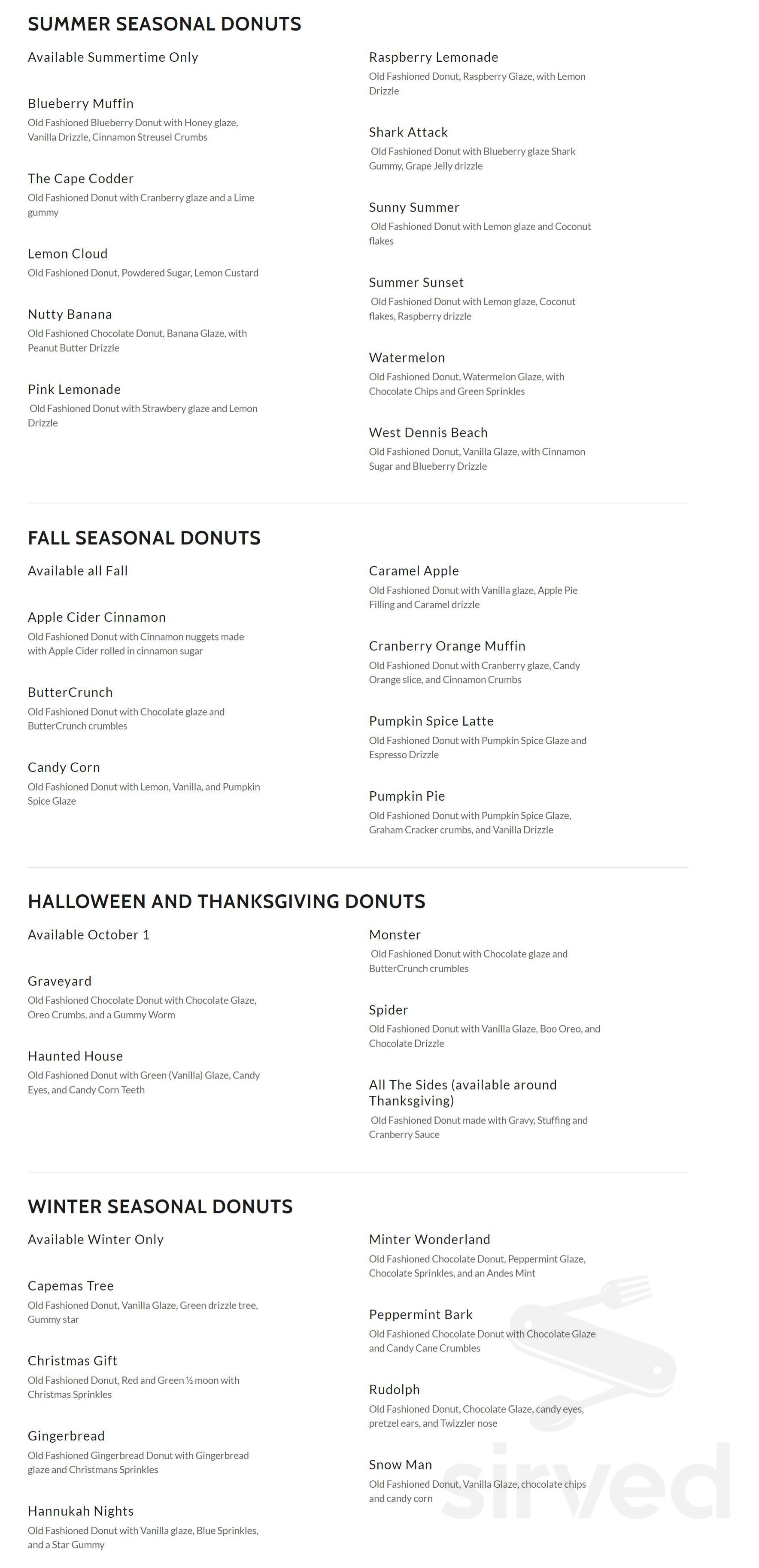 Captain Baker Donut Shop menu in West Dennis, Massachusetts, USA