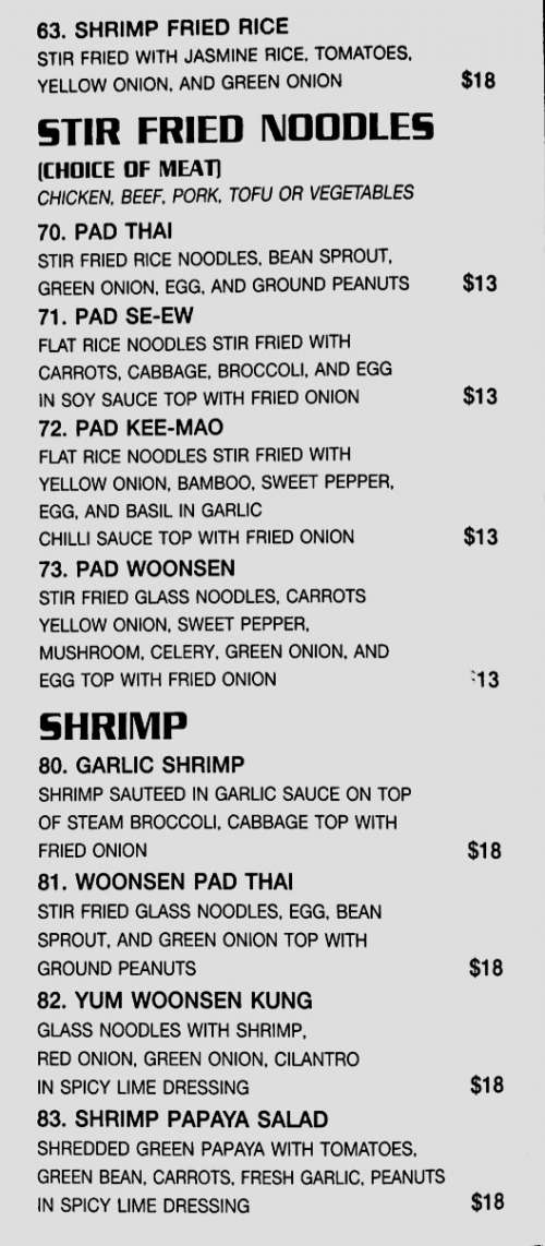 Thai Express menu in Chico, California, USA