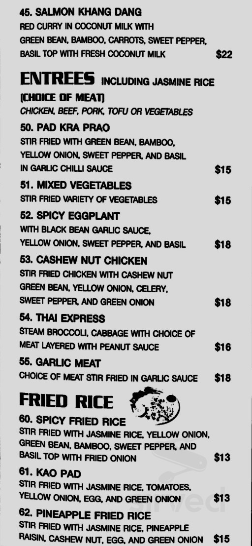 Thai Express menu in Chico, California, USA