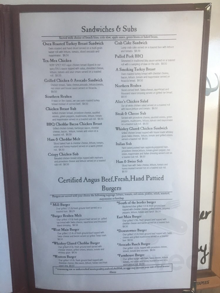 Main Street Mill Restaurant menu in Front Royal, Virginia