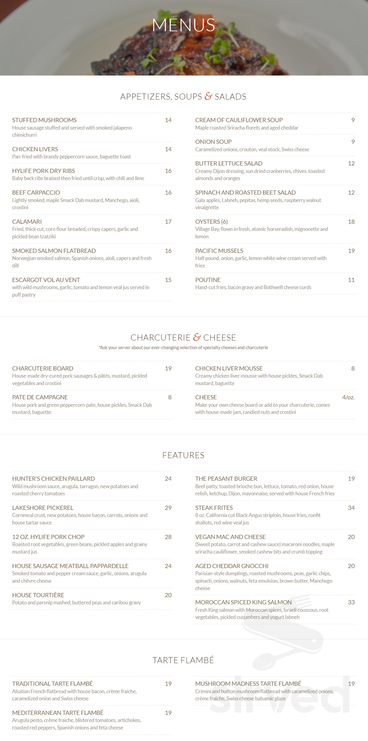 Peasant Cookery menu in Winnipeg, Manitoba