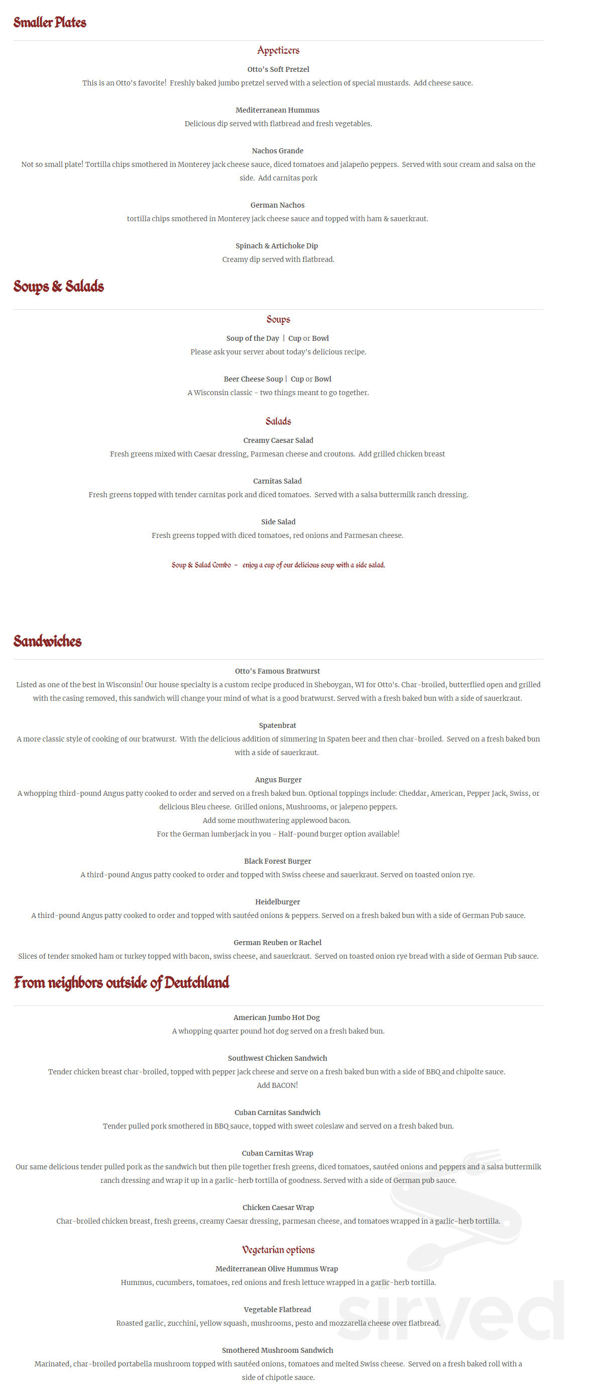 Otto's Beer & Brat Garden menu in Minocqua, Wisconsin, USA