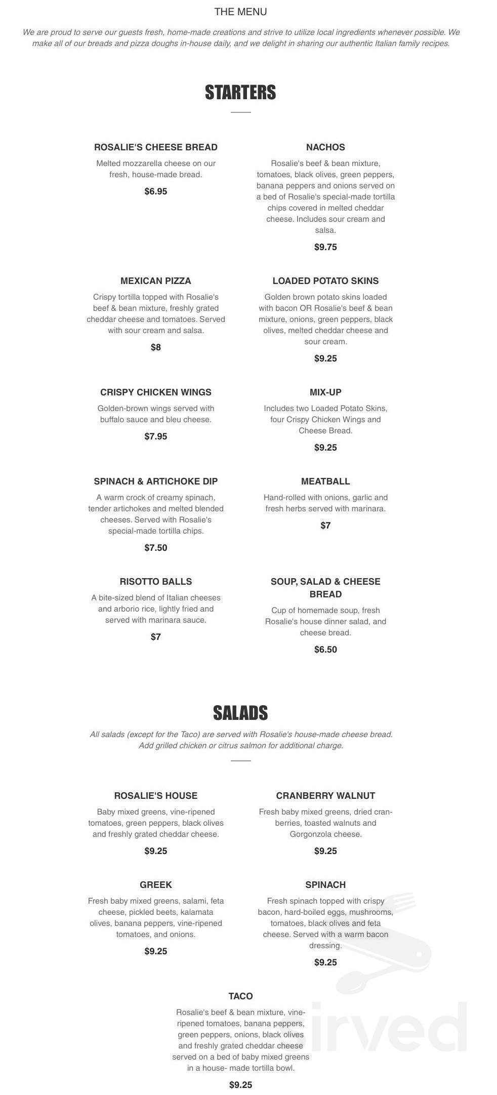 Menu for Rosalies Roadhouse in Jonesville, MI | Sirved