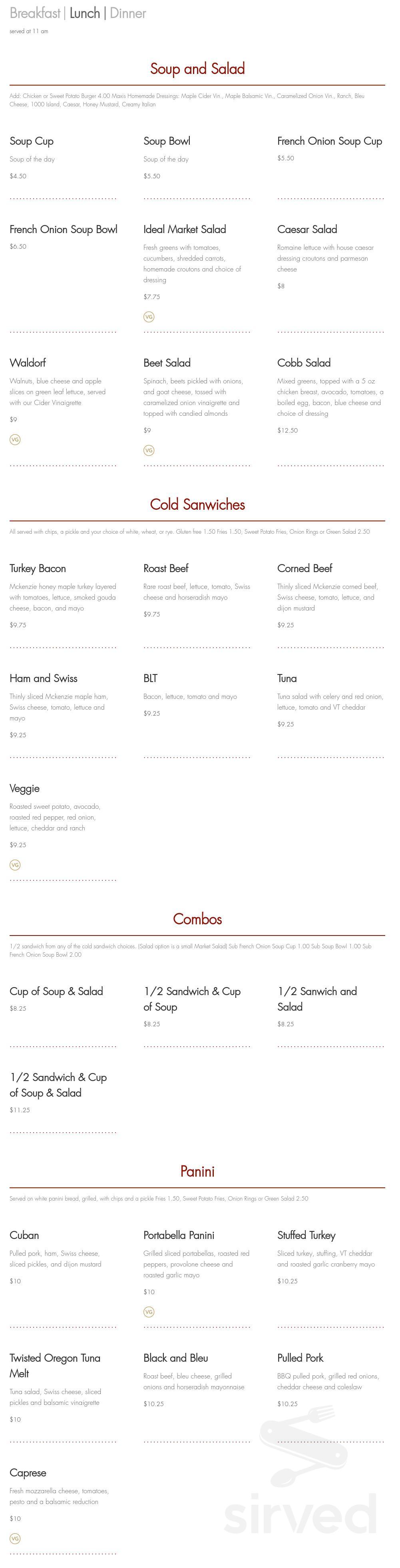 Maxis Menu Three Rivers Menu for Maxi's in Waterbury Village Historic District, VT | Sirved