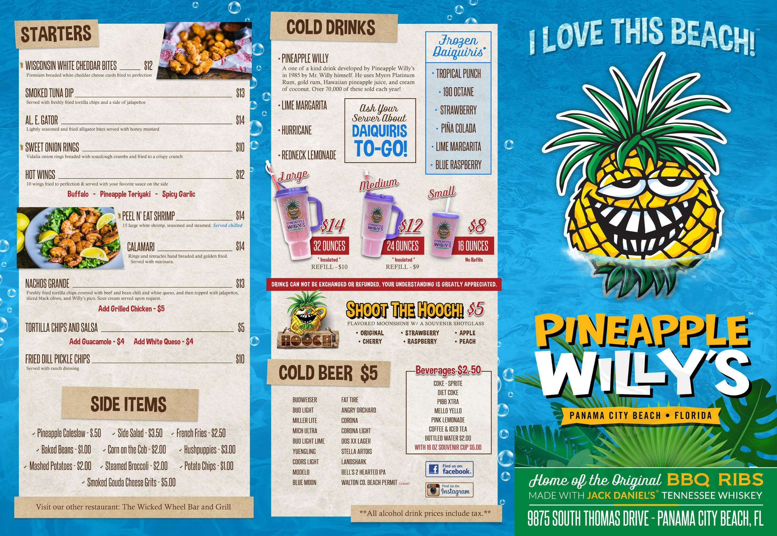 Pineapple Willy's Restaurant menu in Panama City Beach, Florida, USA