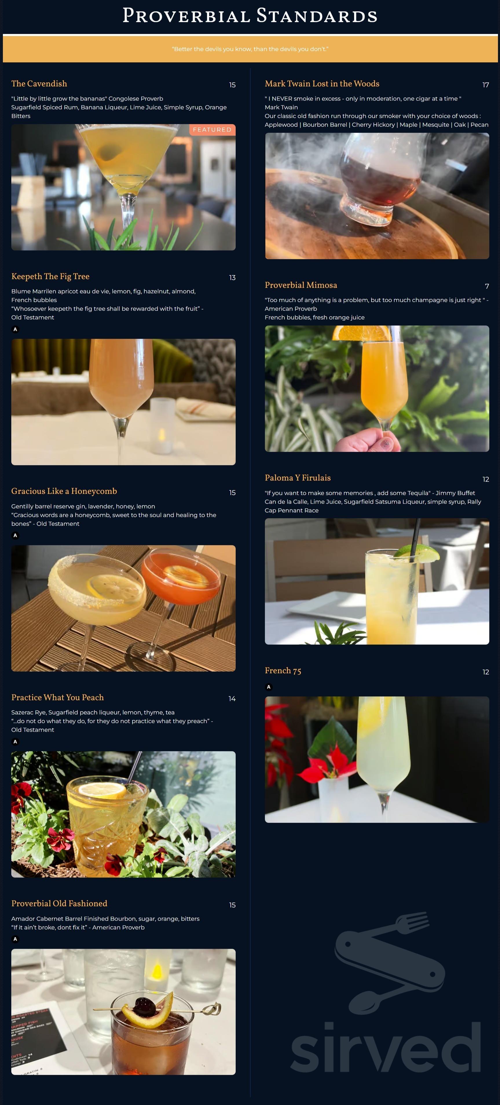 Proverbial Wine Bistro menu in Baton Rouge, Louisiana, USA