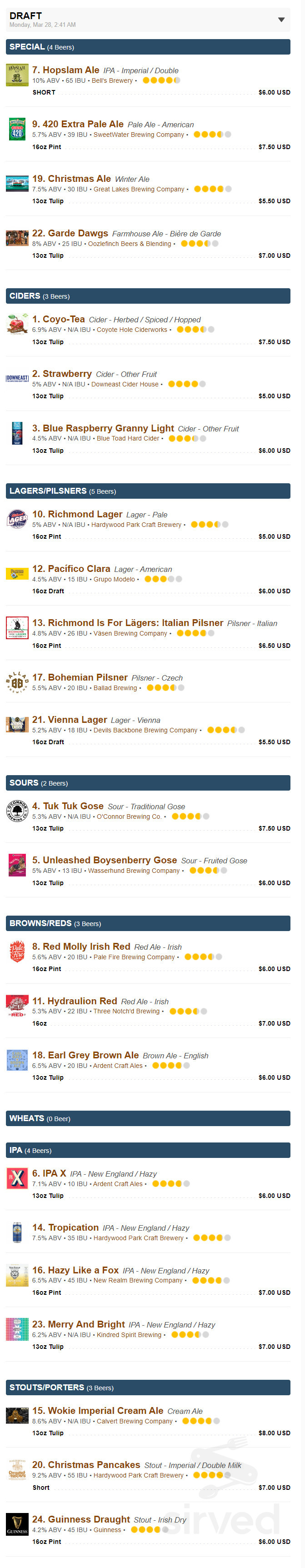 Boulevard Burger and Brew menu in Richmond, Virginia, USA