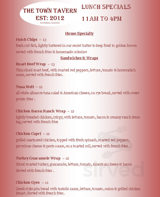 The Town Tavern & Restaurant lunch menu in East Haddam, Connecticut